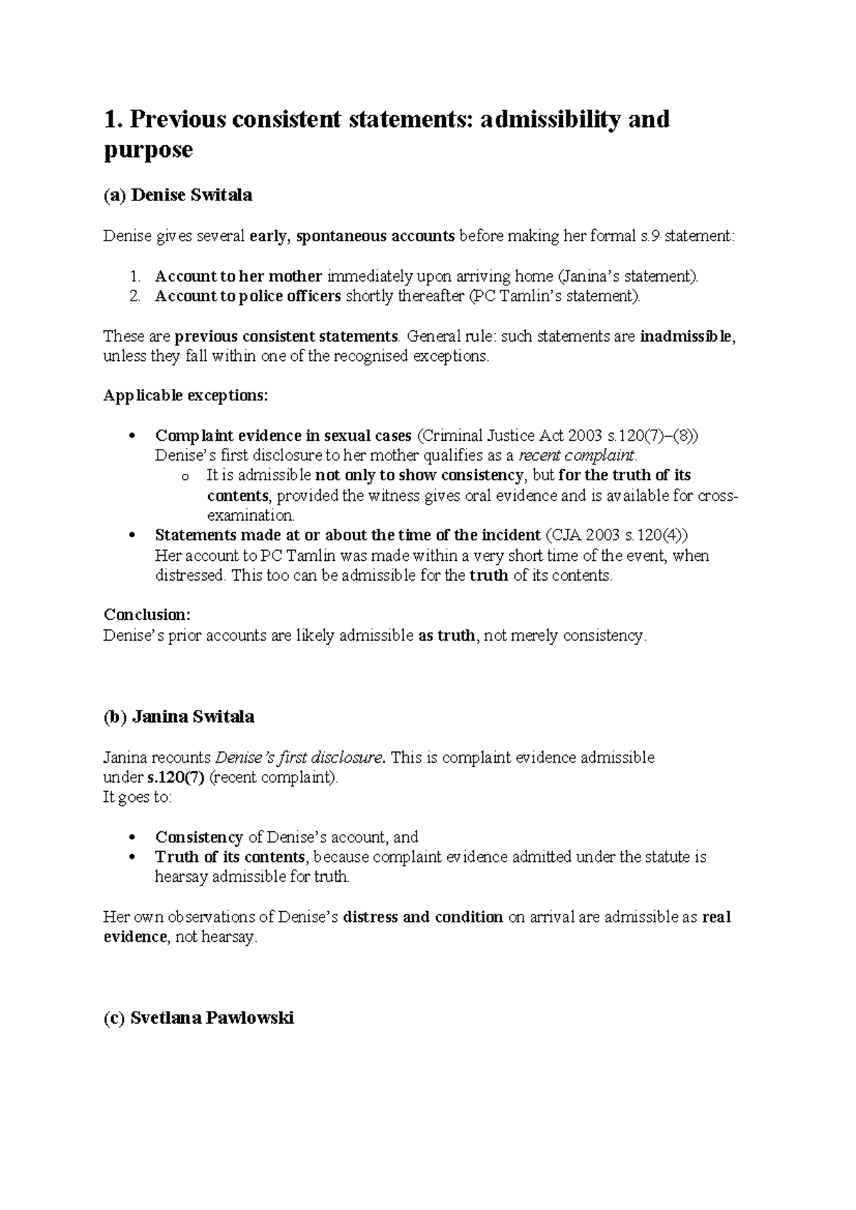 Unit 9: Admissibility of Previous Consistent Statements in Law - Studocu