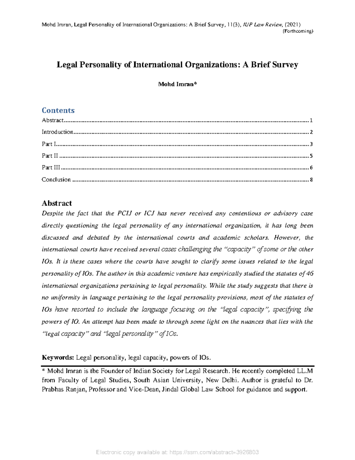 Legal Personality of Int'l Organizations: An Overview (SSRN-id3926803 ...