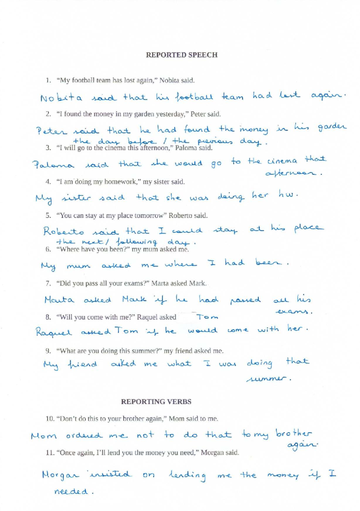 Reported Speech and Reporting Verbs: KEYS Document - Studocu