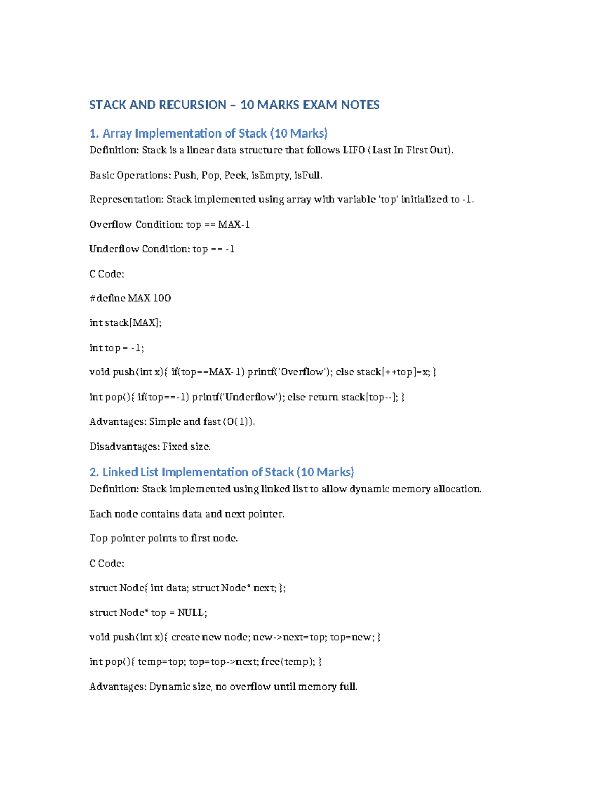 Stack and Recursion 10 Marks Exam Notes - Studocu