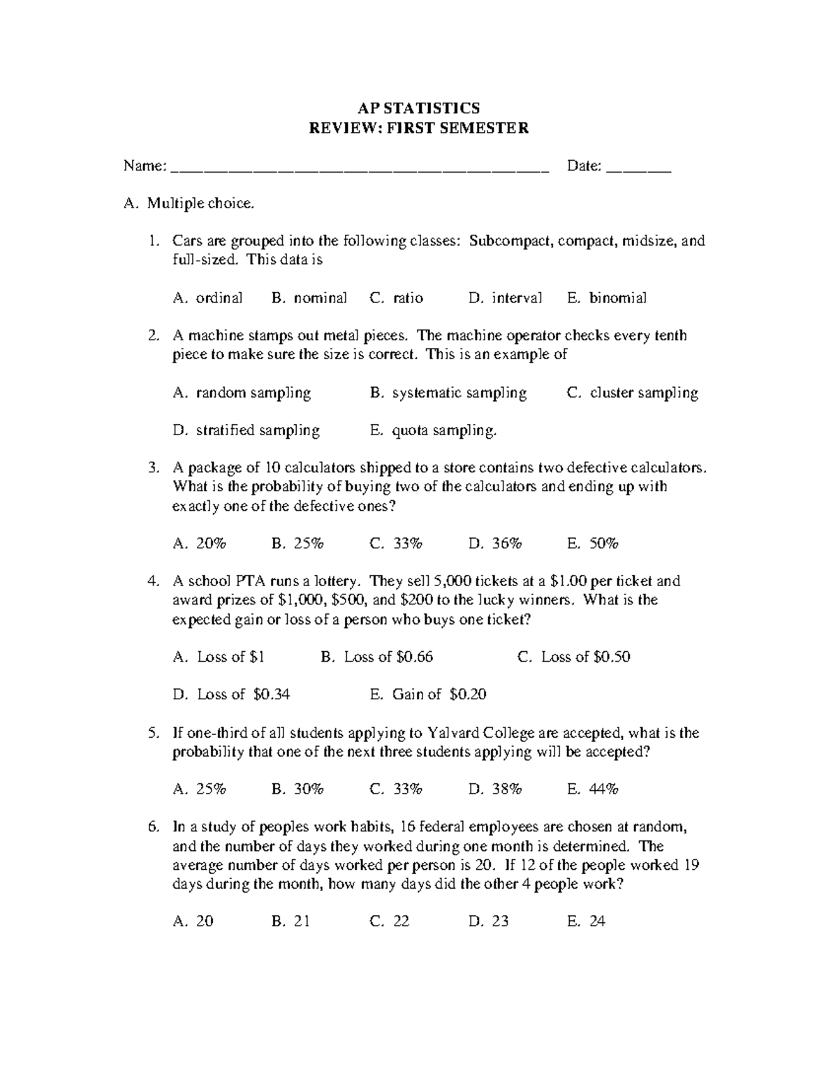 AP STATISTICS REVIEW: FIRST SEMESTER EXAM PREP - Studocu