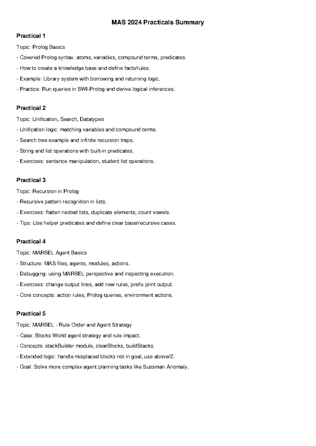MAS 2024 Practical Summary: Prolog & MARBEL Concepts and Exercises ...