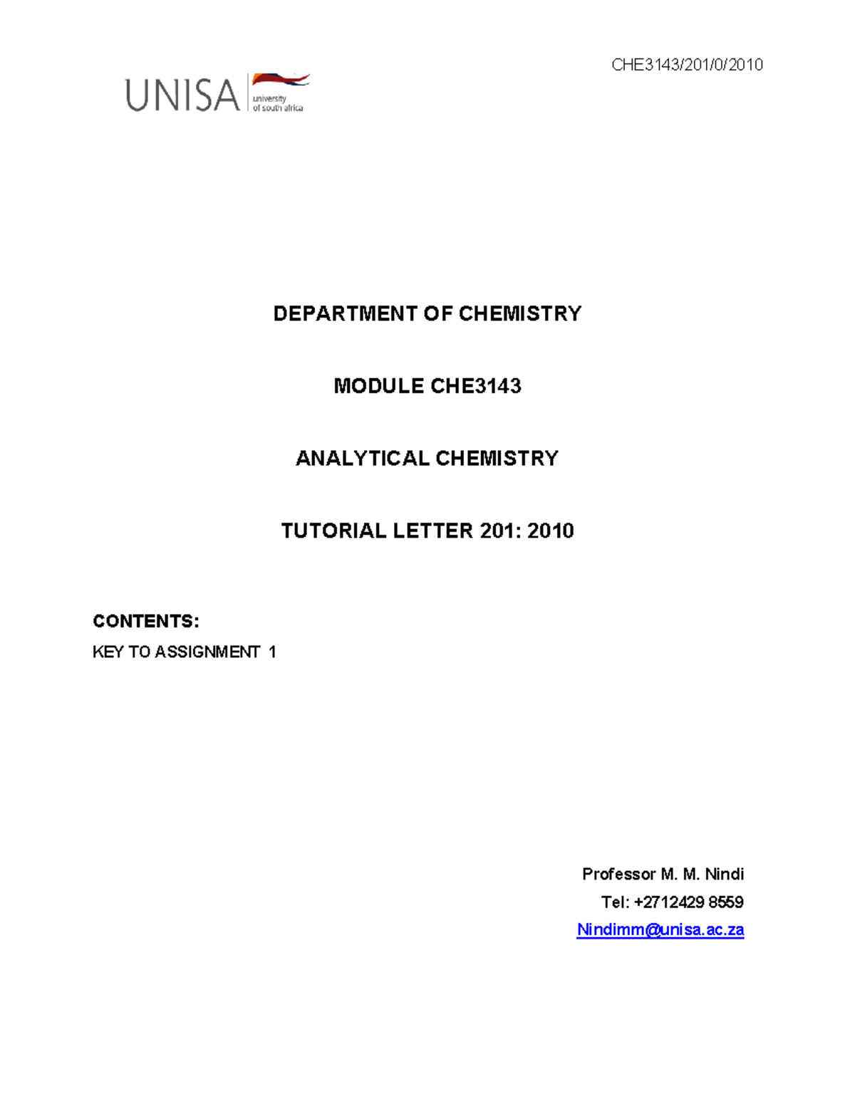 Analytical solution 1 - Tutorial - CHE3143/201/0/ DEPARTMENT OF ...