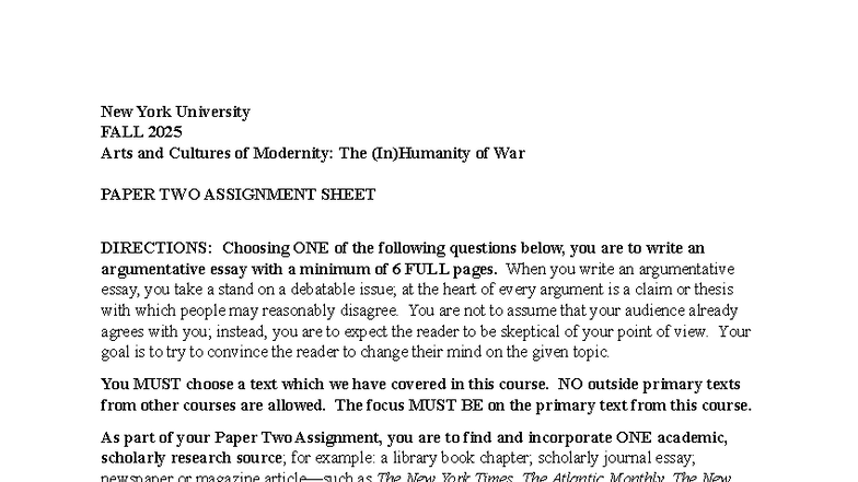 FALL 2025 NYU Arts & Cultures: Paper Two Assignment Guidelines - Studocu