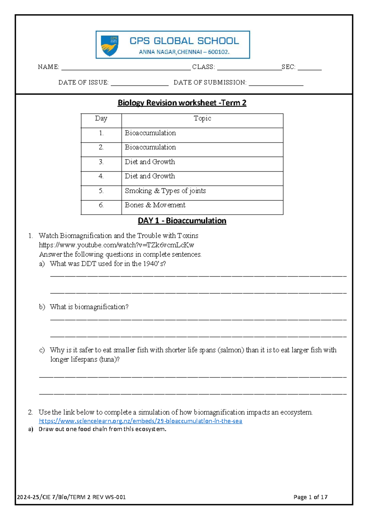 Grade 7 Biology Term 2 Revision Notes on Growth, Diet & Bioaccumulation ...