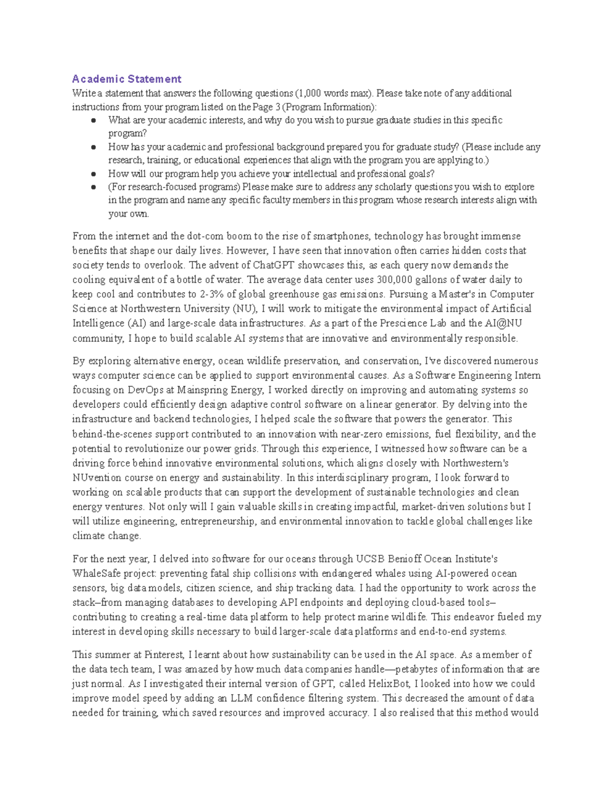 NU Graduate Studies: Academic Statement for MS in Computer Science ...