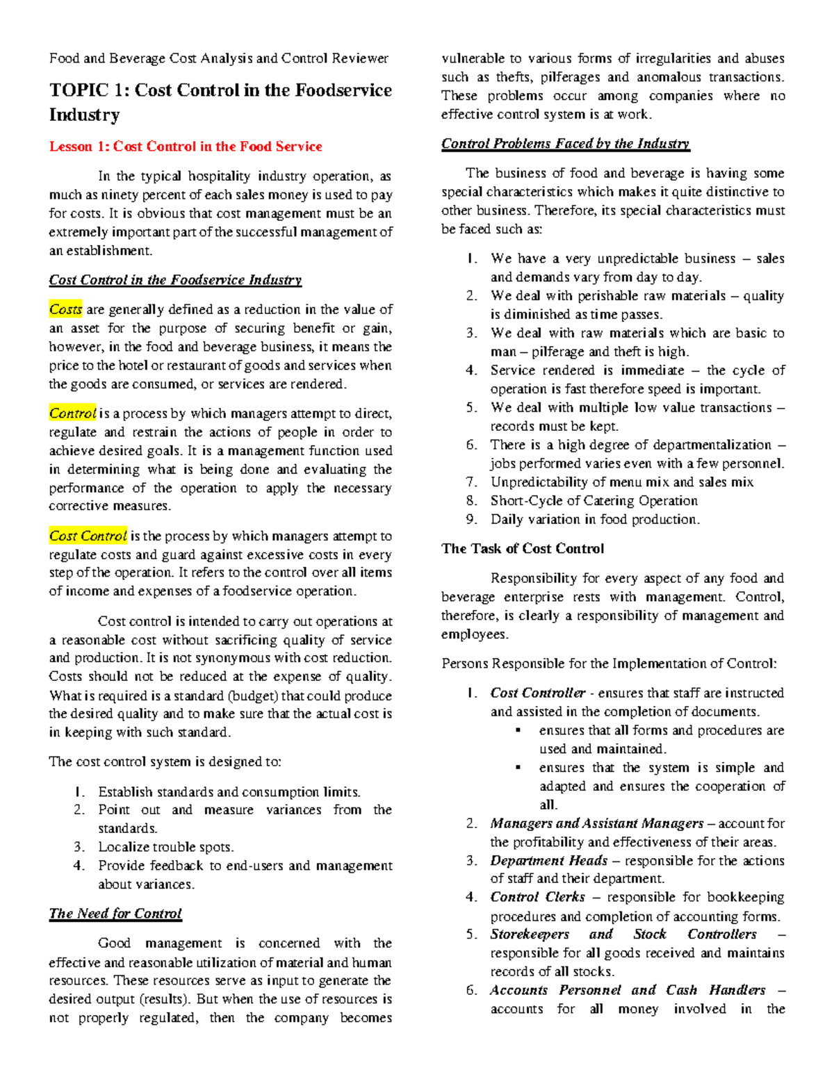 Food and Beverage Cost Control Review (Course Code: F&B 101) - Studocu