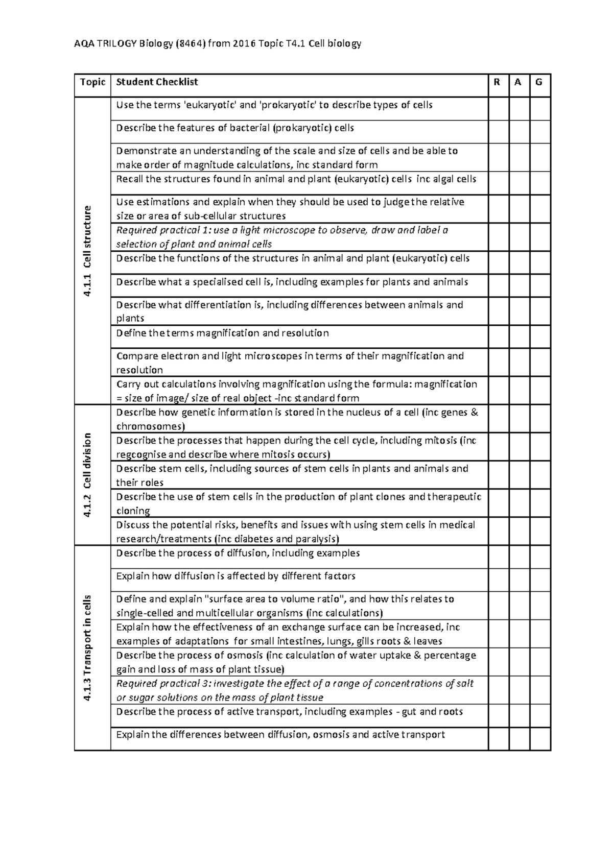 AQA TRILOGY Biology (8464) T4.1 Cell Biology Student Checklist - Studocu