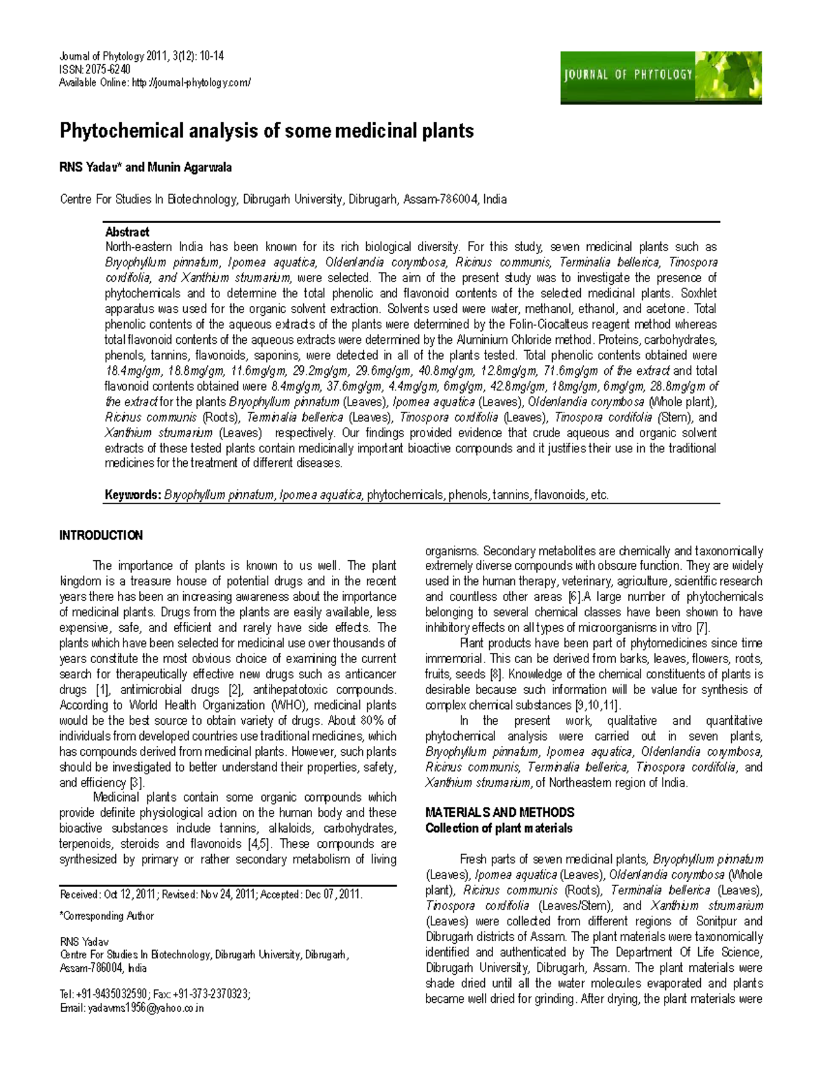 Phytochemical Analysis of Medicinal Plants: Insights from RNS Yadav's ...