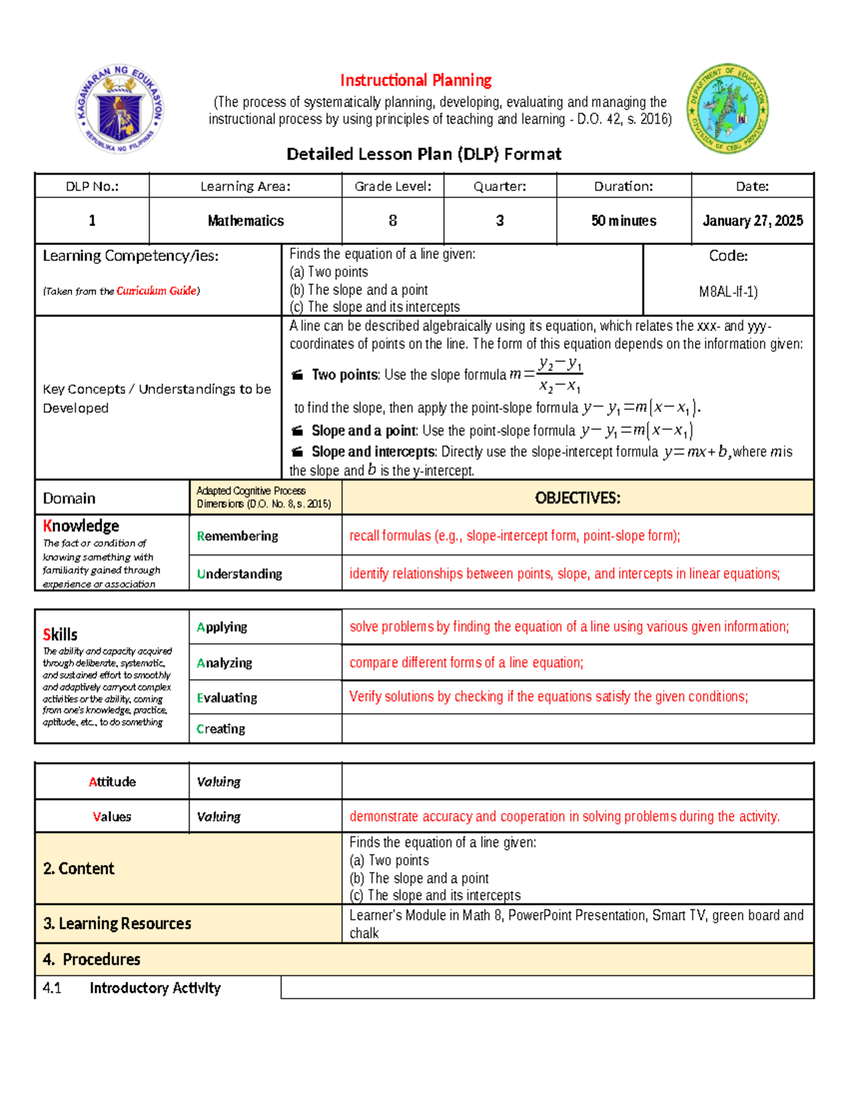 DLP 1 Math 8 - Detailed Algebra Lesson Plan for Finding Line Equations ...