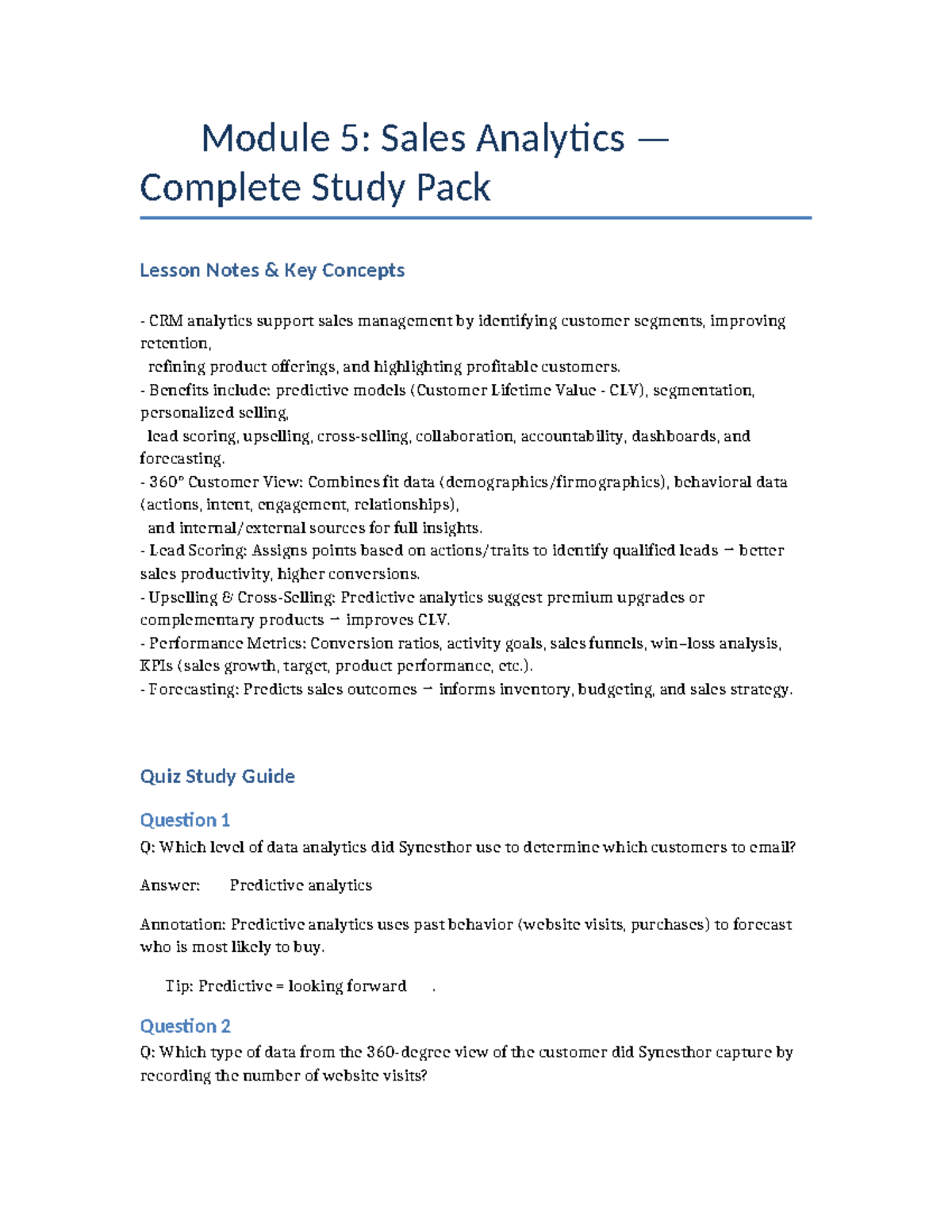 Module 5: Sales Analytics Study D099 - Key Concepts & Quiz Guide - Studocu