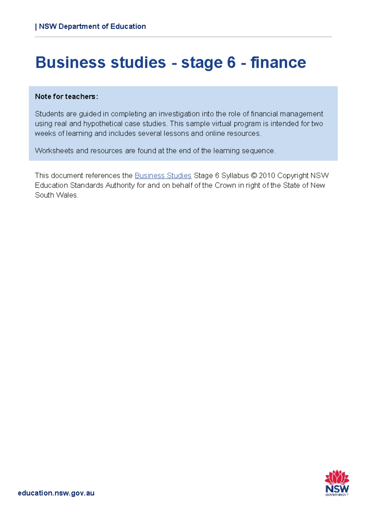 Finance Business Studies Stage 6: Teacher's Guide & Case Study Insights ...