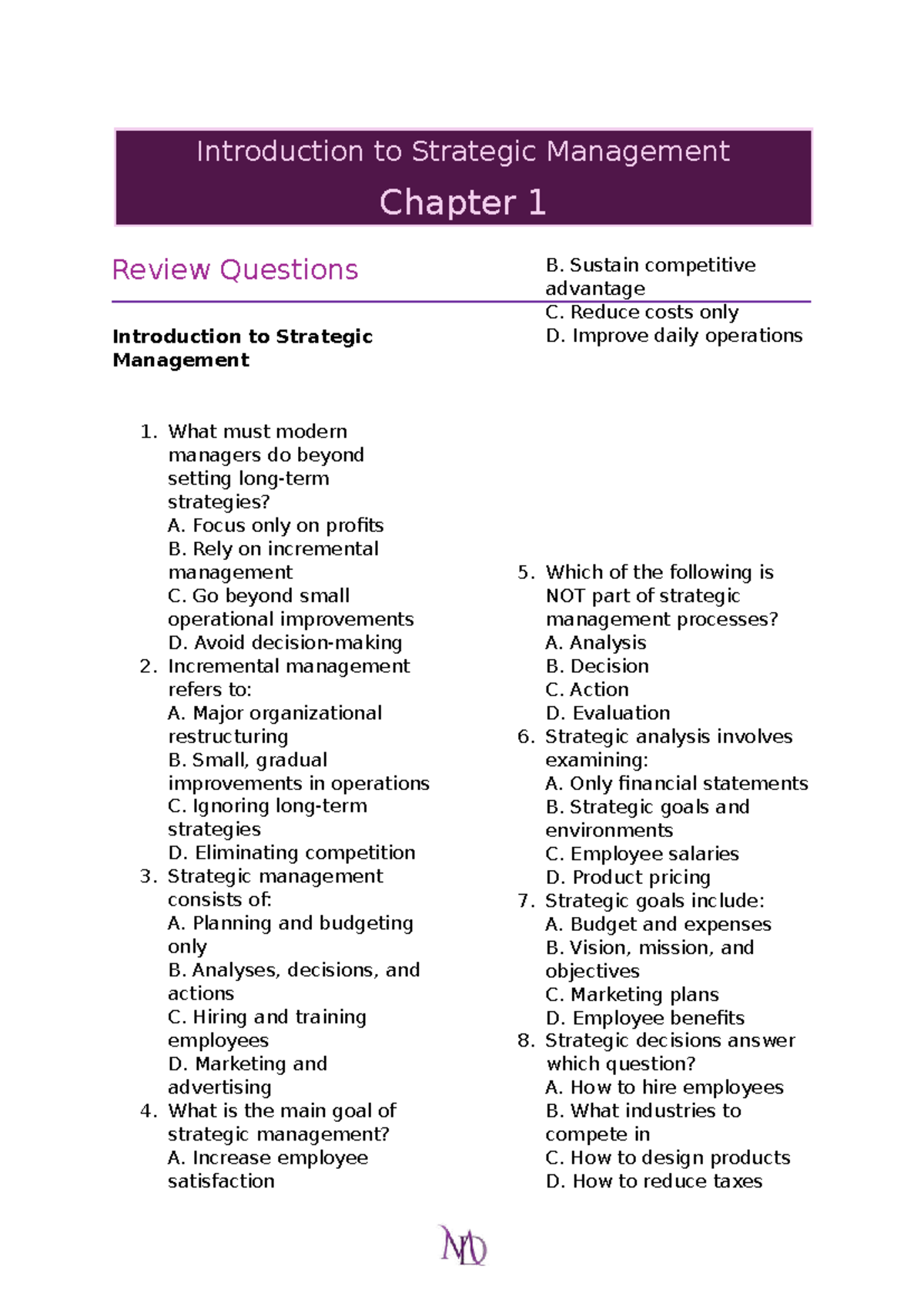 CBME 2 Chapter 1 Strategic Management Review Questions - Studocu