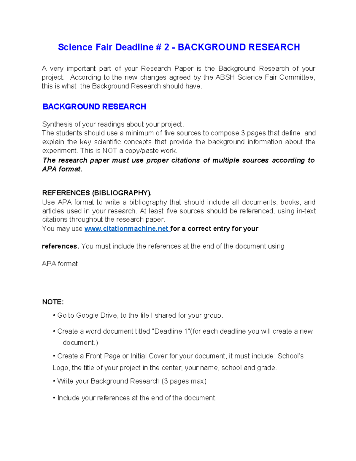 ABSH 333 Science Fair Background Research Guidelines and Deadline - Studocu