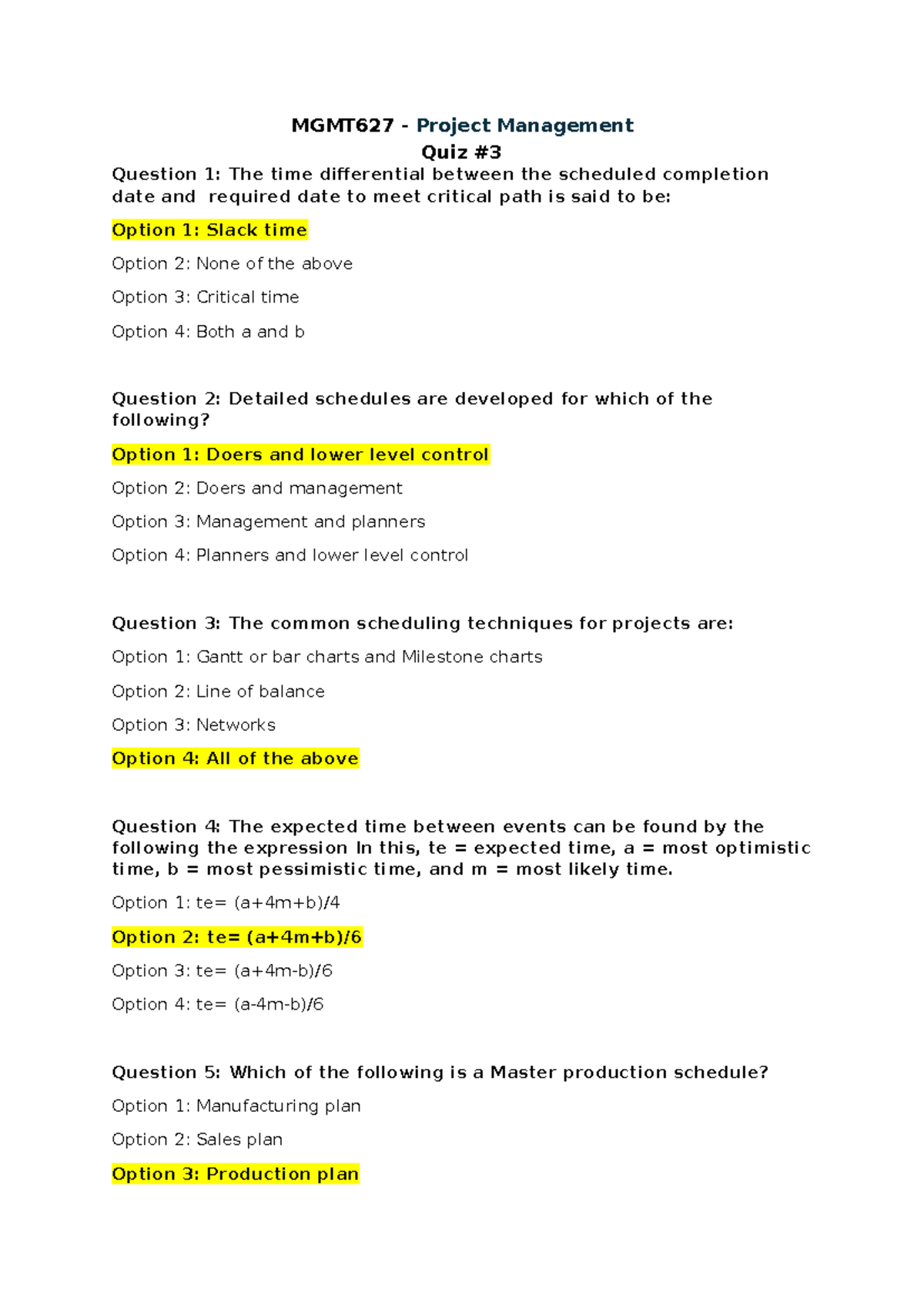 MGMT627 Quiz #3 - Project Management Questions and Answers - Studocu