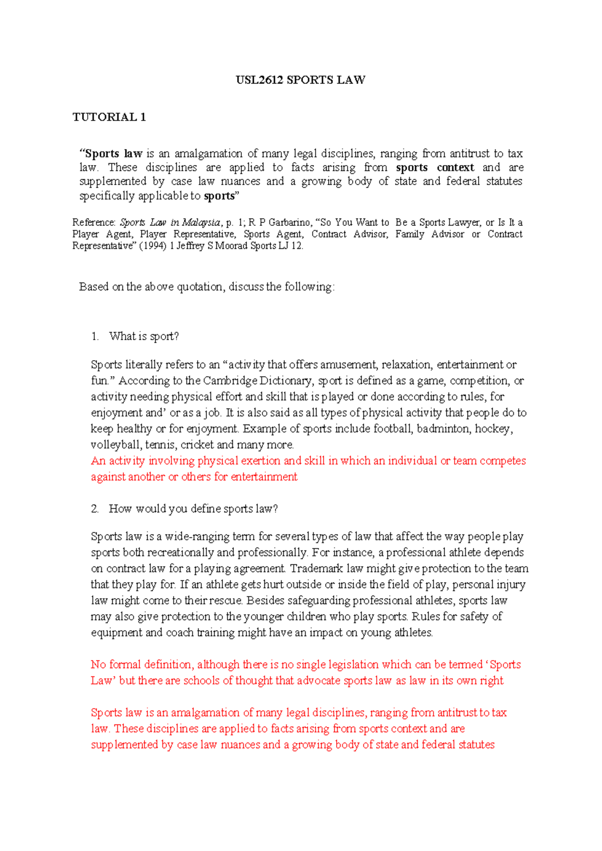 Tutorial 1-2 - USL2612 SPORTS LAW TUTORIAL 1 “Sports law is an ...