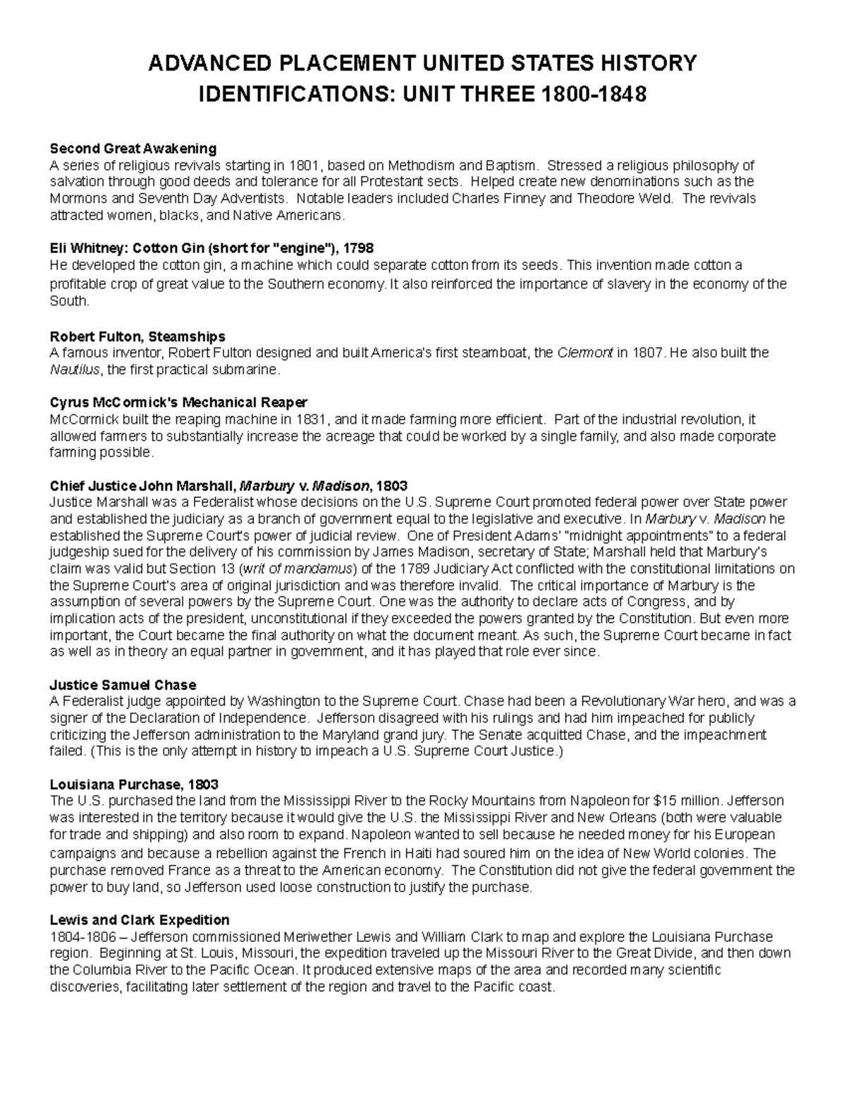 AP US History Unit 3 Identifications (1800-1848) Study Notes - Studocu