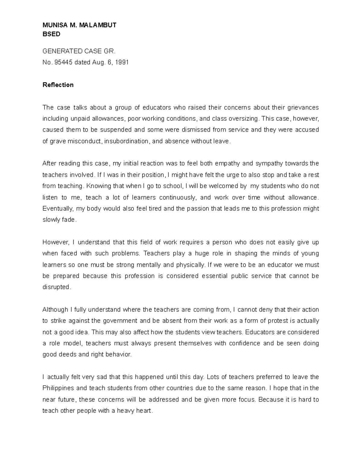 BSED Case Study Reflection: Educators' Grievances and Impact - Studocu