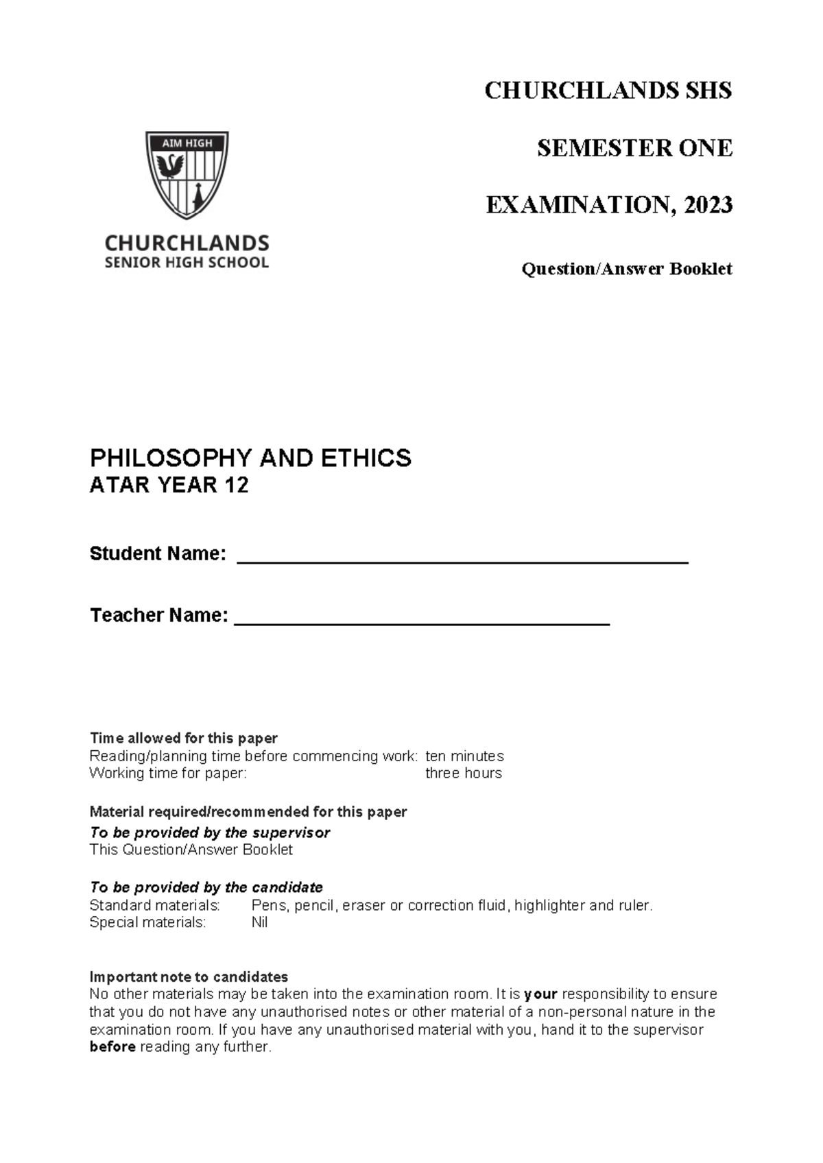 2023 Year 12 PHILOSOPHY AND ETHICS Sem 1 Exam Paper - Studocu