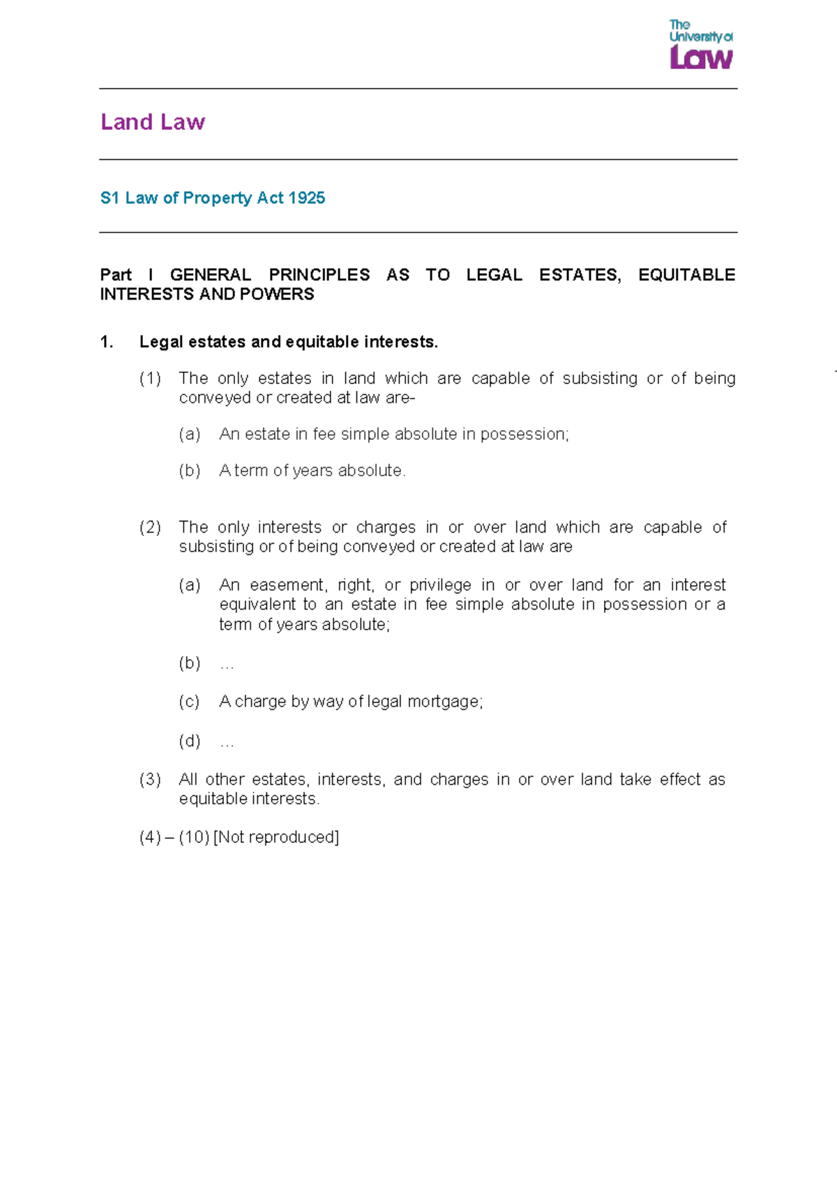 Land Law S1: Legal Estates & Equitable Interests in LPA 1925 - Studocu