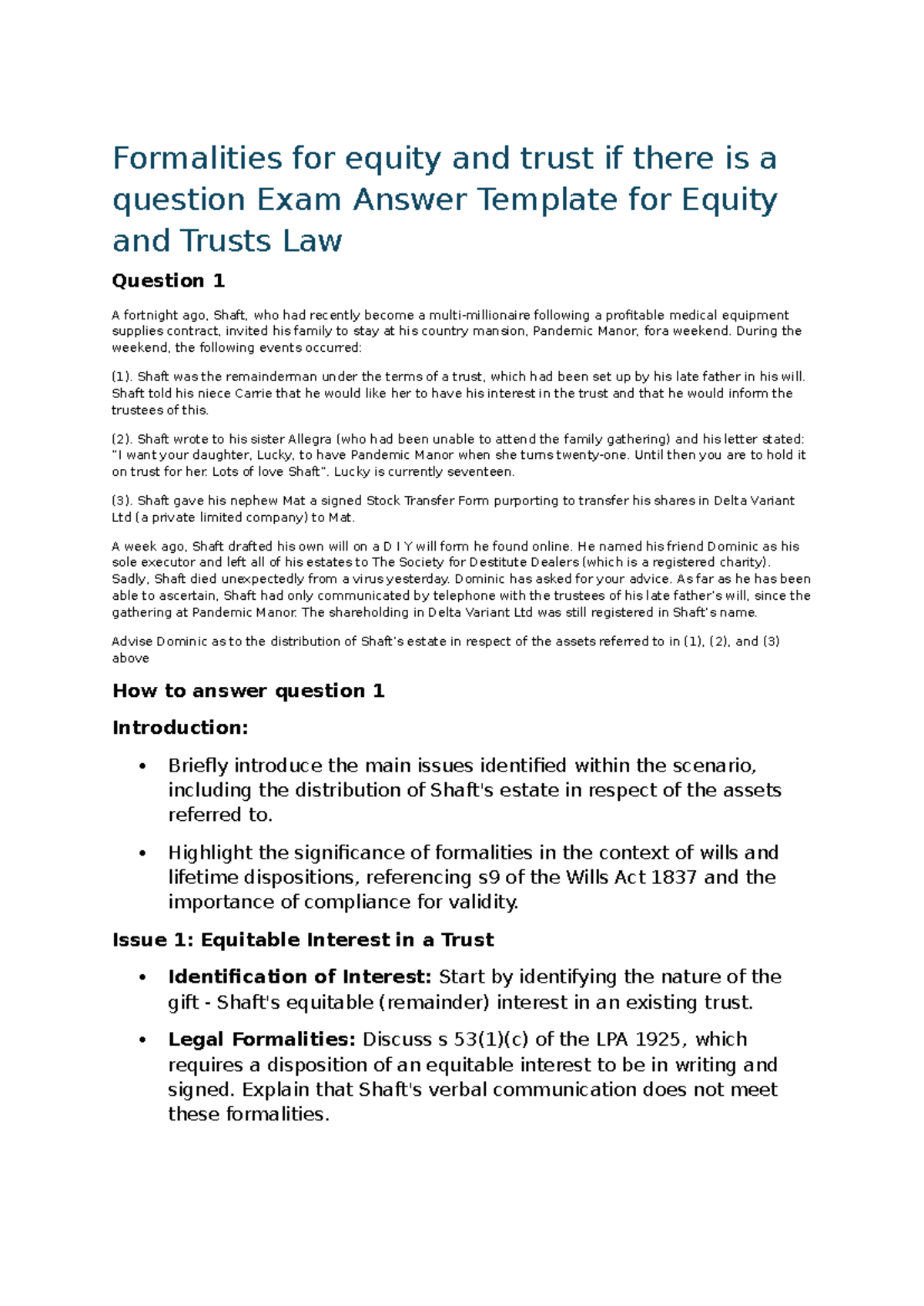 Formalities for Equity and Trusts Law: Exam Answer Template (EQT 101 ...