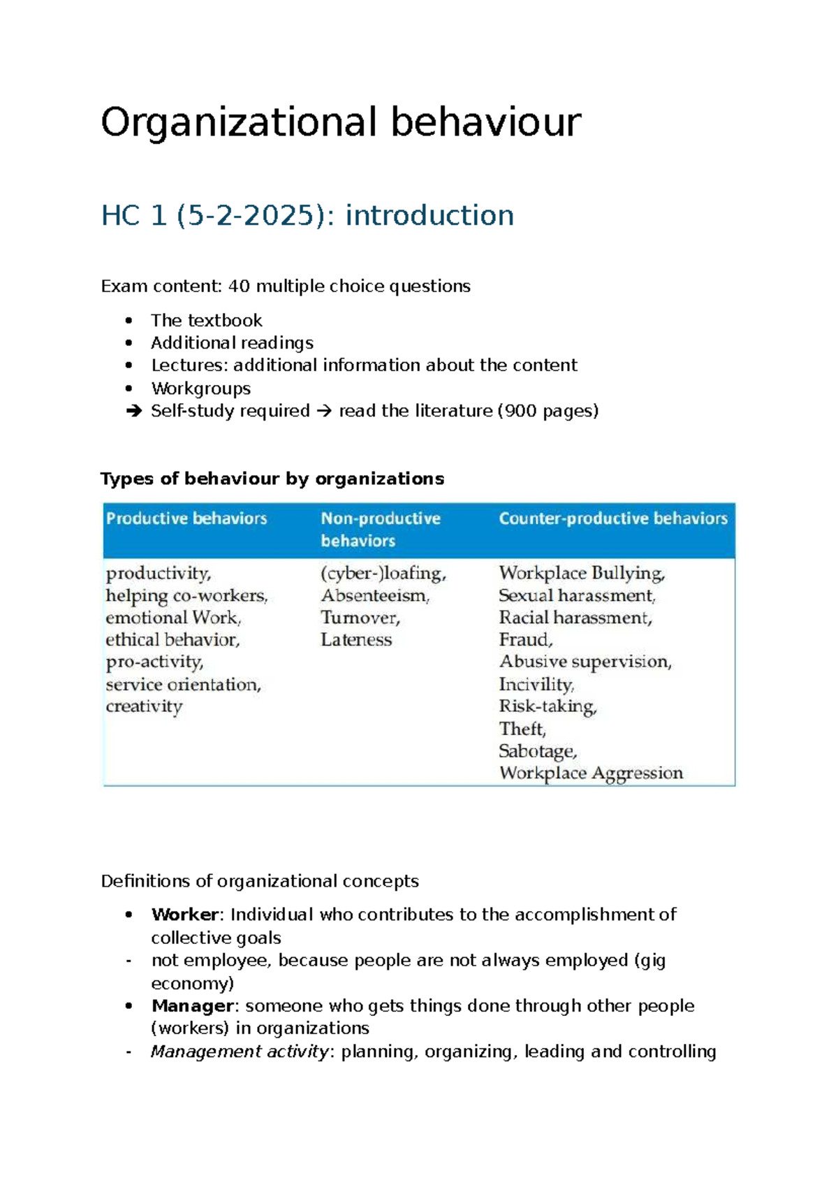 Organizational Behavior HC 1: Exam Content and Key Concepts - Studeersnel