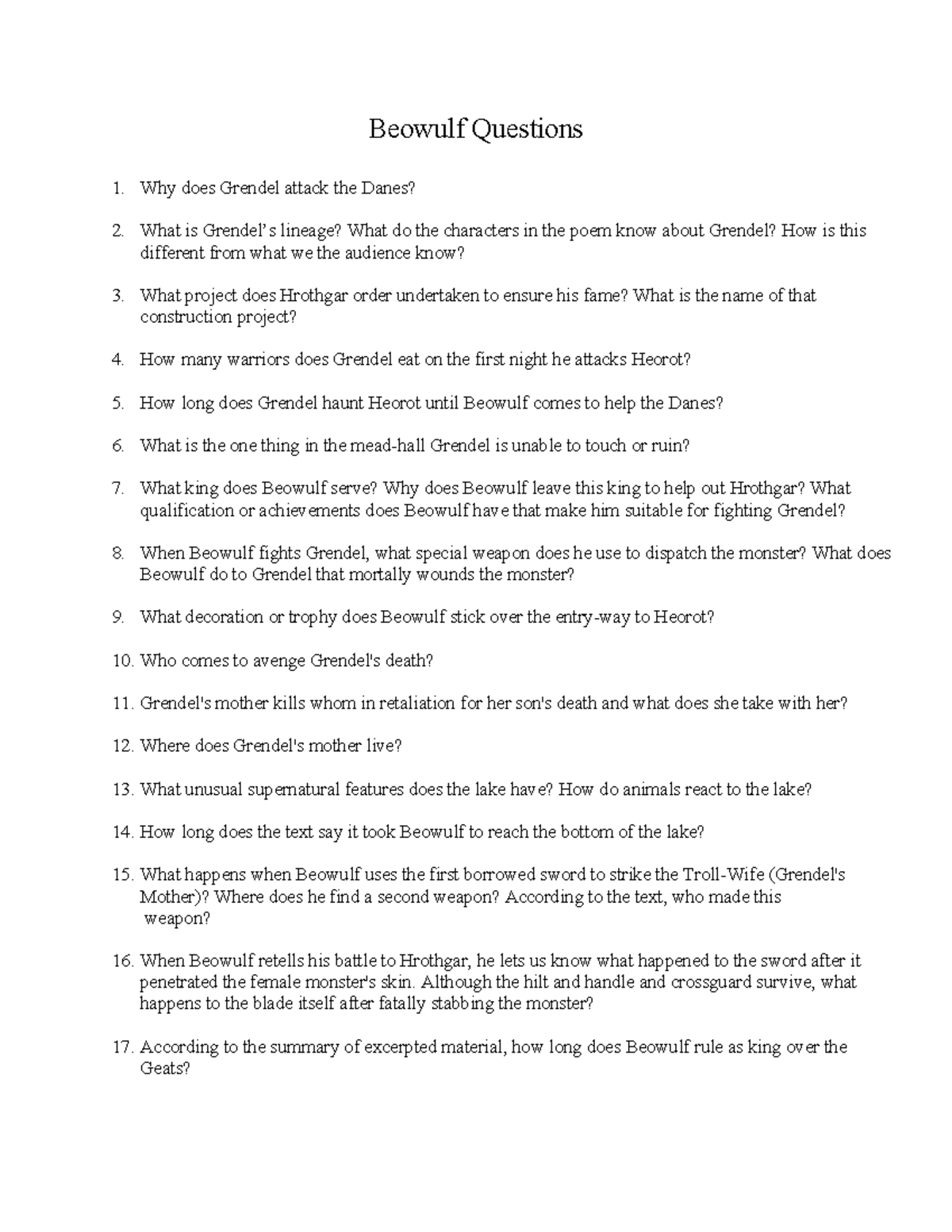Beowulf Study Questions: Key Themes & Character Insights - Studocu