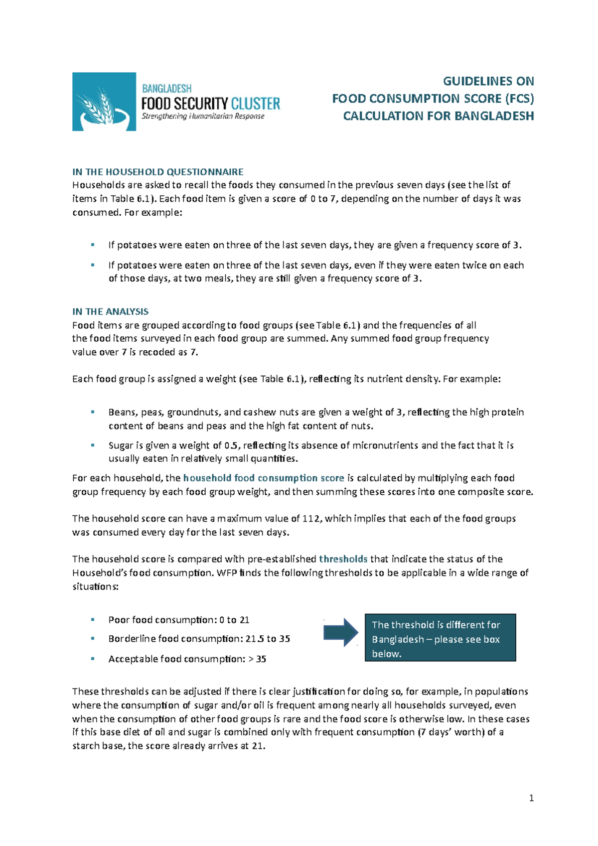 FSC Food Consumption Score Calculation Guidelines for Bangladesh 2014 ...