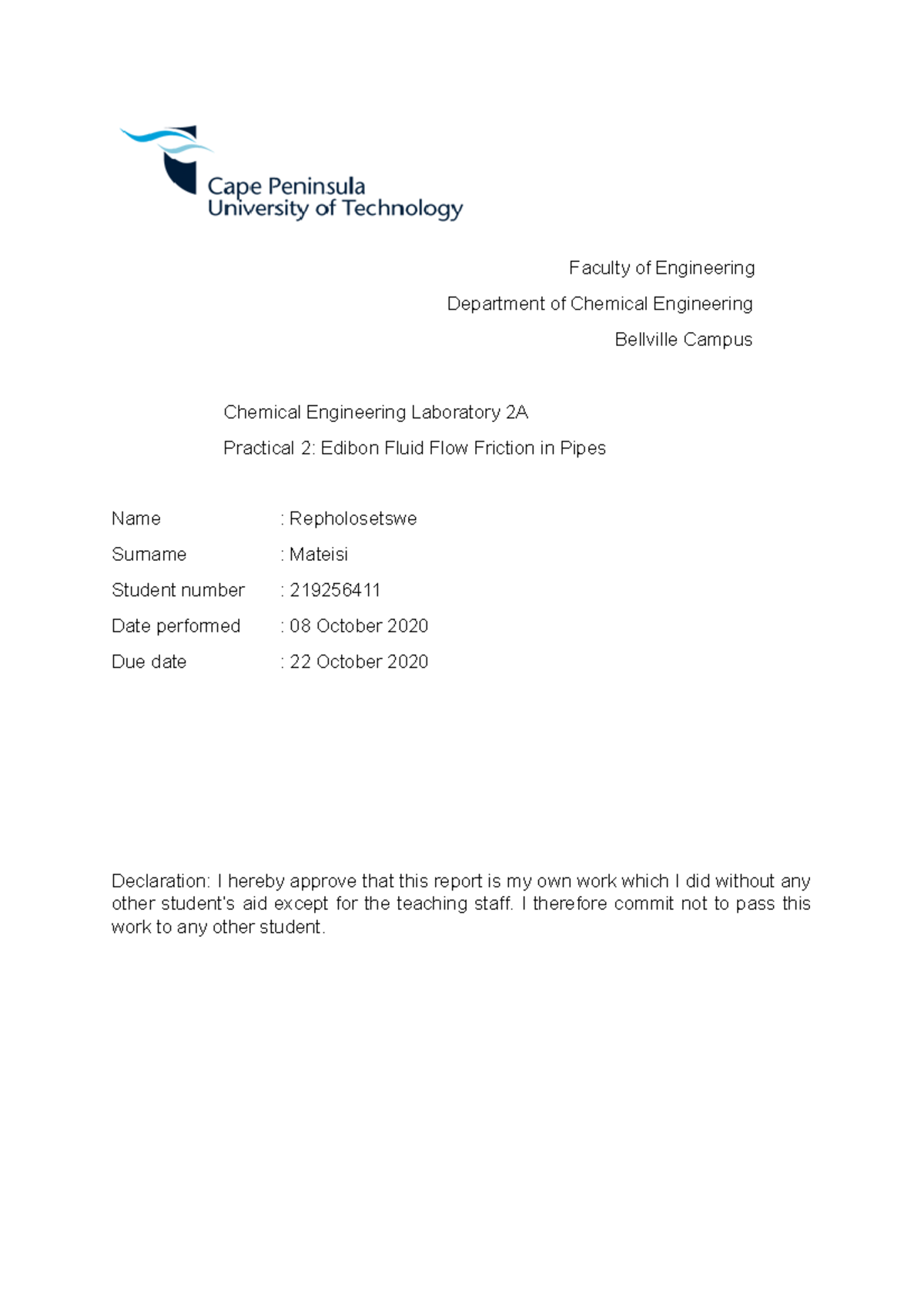 Practical Report on Edibon Fluid Flow in Pipes - Chem Eng Lab 2A - Studocu