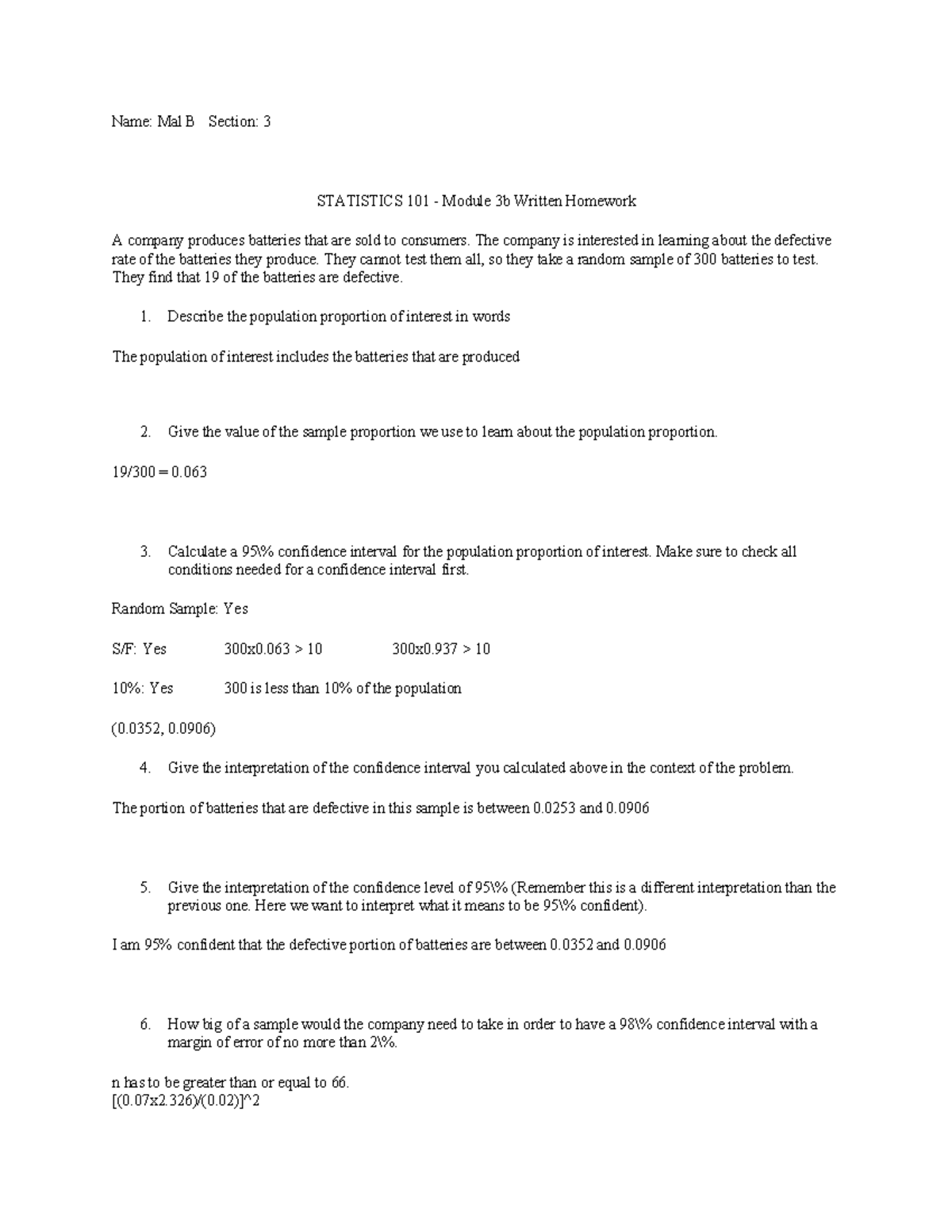 STATISTICS 101 - Module 3b Written Homework on Battery Defects - Studocu