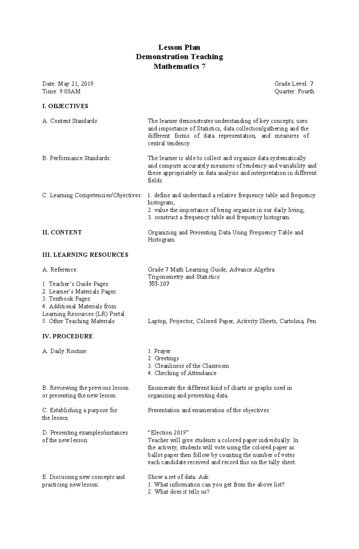 Mathematics 7 Lesson Plan: Organizing Data with Frequency Tables - Studocu