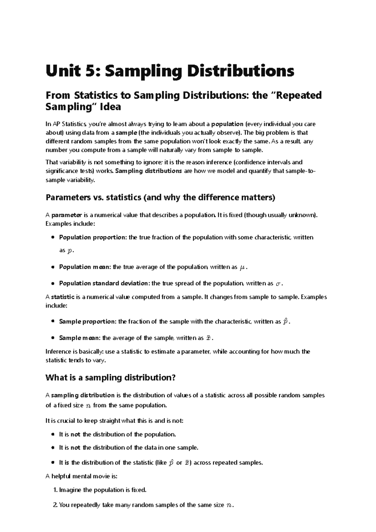 Unit 5: Sampling Distributions in AP Statistics - Studocu