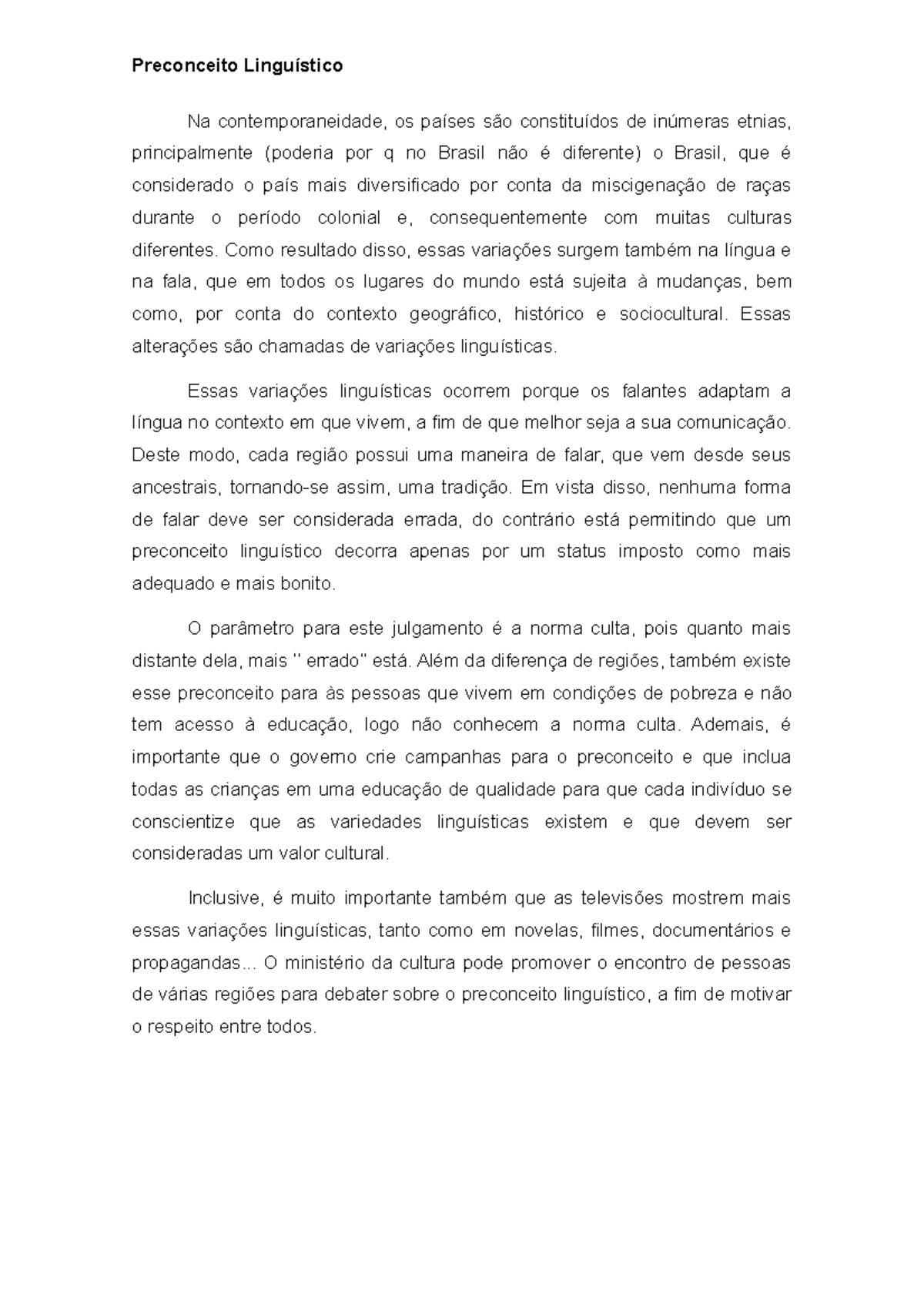 Redação sobre Preconceito Linguístico e Variações na Língua - Studocu