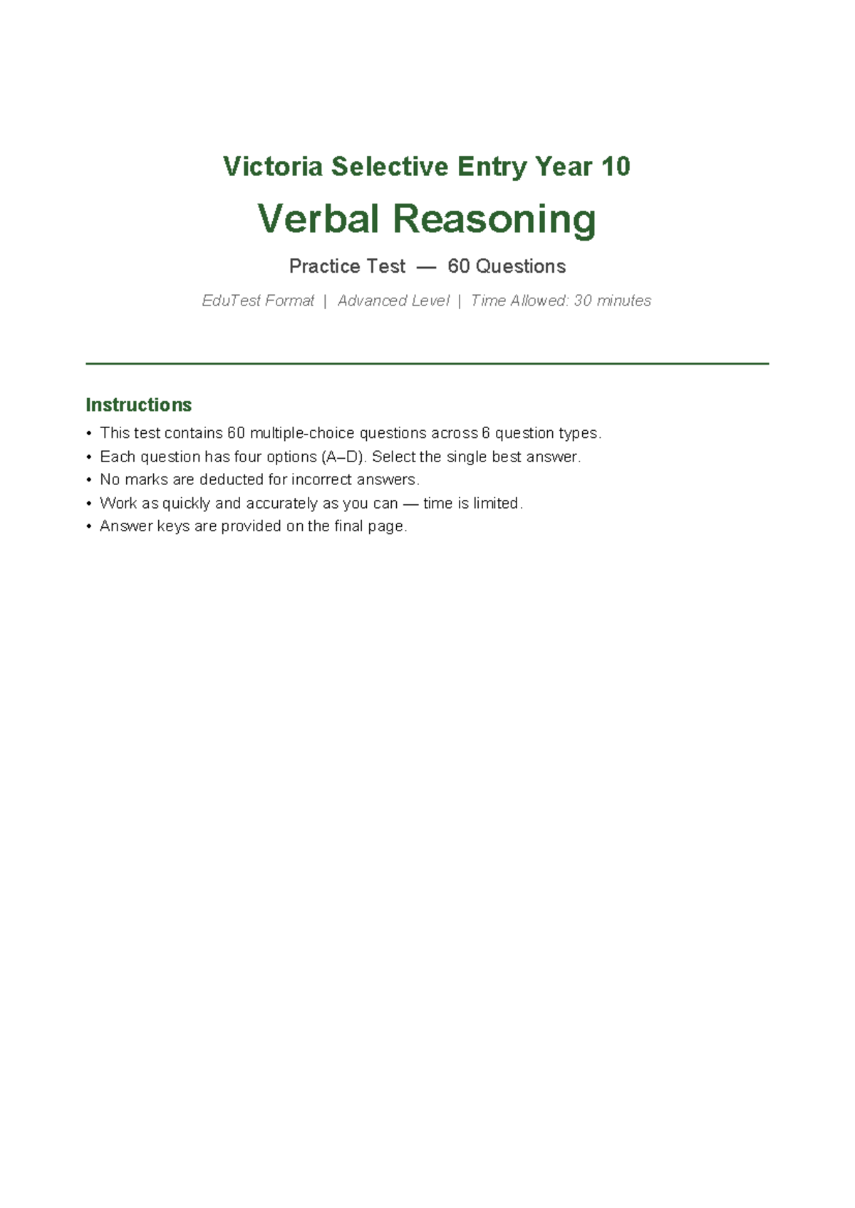 Victoria Selective Entry Year 10 Verbal Reasoning Practice Test - 60 Qs ...