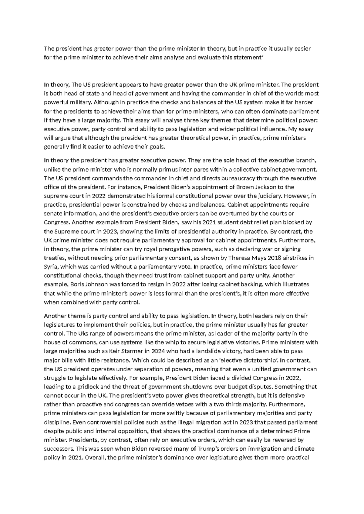 Comparative Analysis of Presidential and Prime Ministerial Power: POL ...