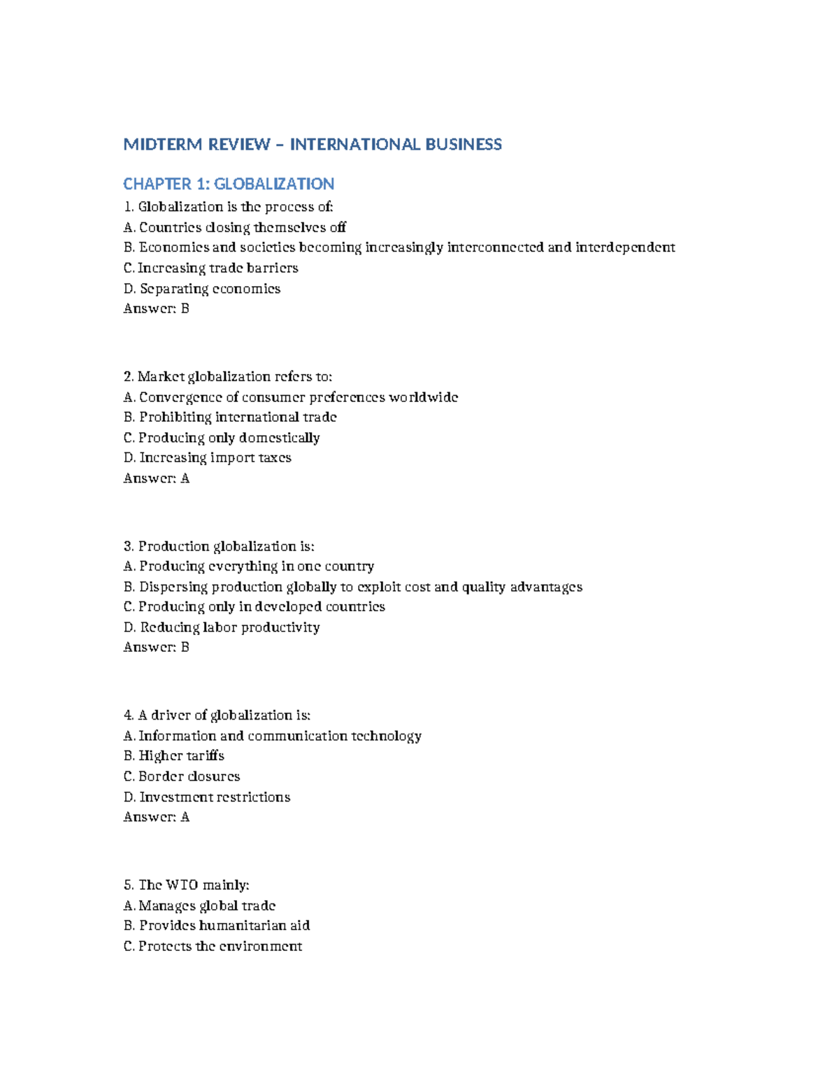 INTERNATIONAL BUSINESS MIDTERM REVIEW: GLOBALIZATION & POLITICAL ...