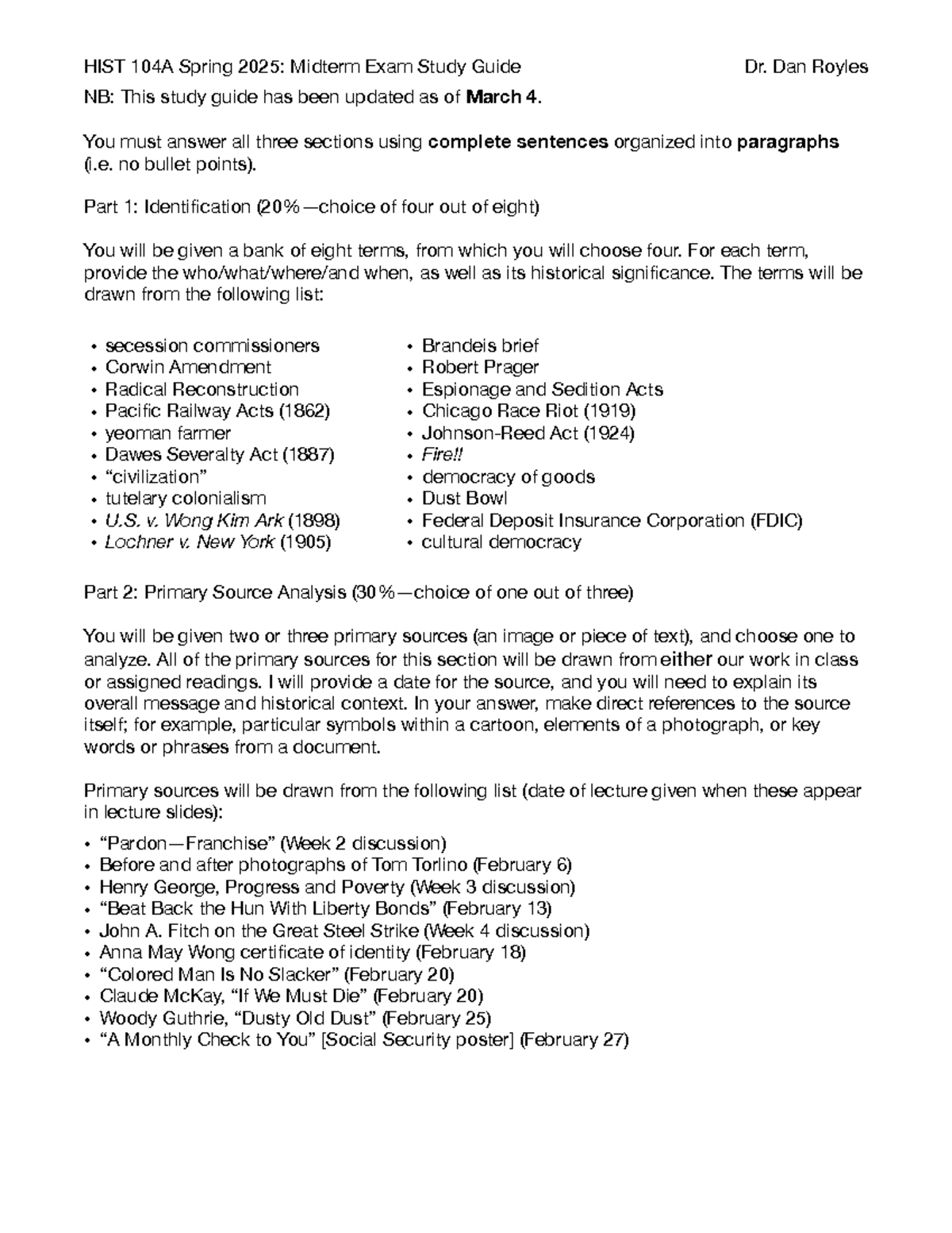 HIST 104A Spring 2025: Midterm Exam Study Guide by Dr. Dan Royles - Studocu