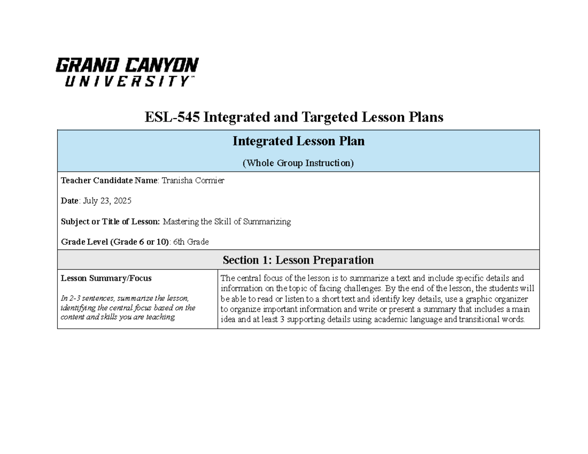 Integrated Lesson Plan: Mastering Summarization Skills for 6th Grade ...