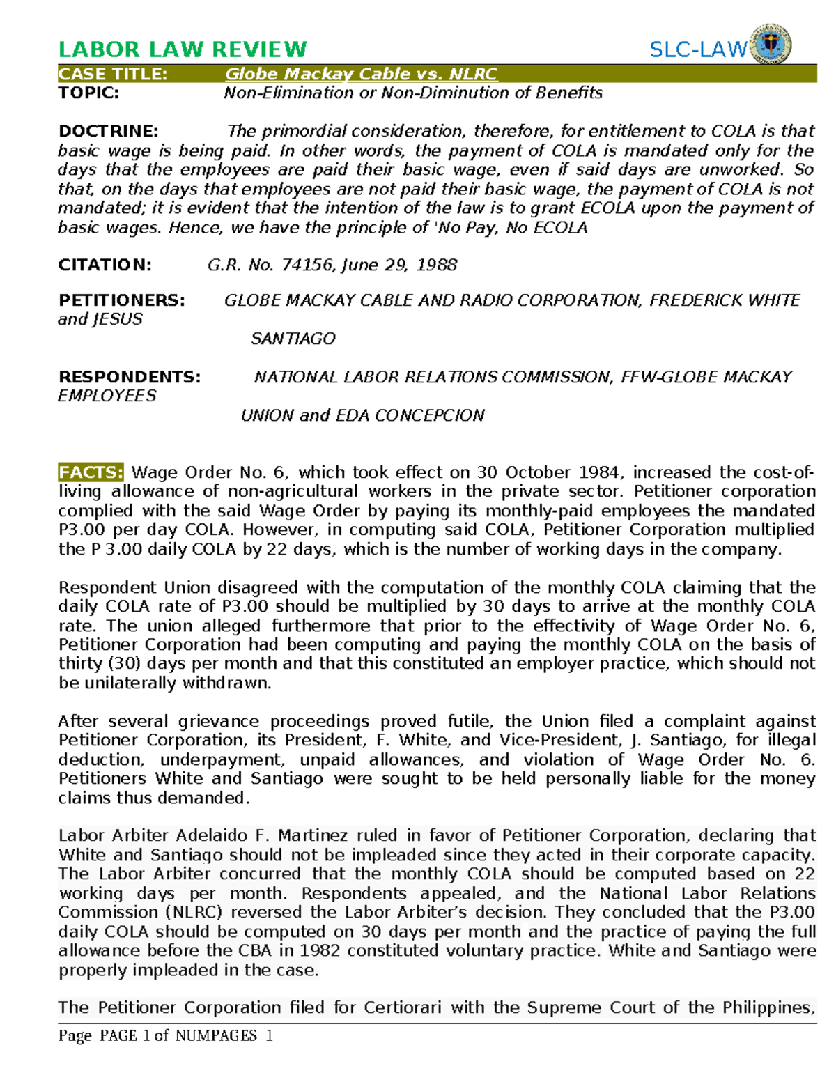 33. Globe Mackay Cable vs. NLRC - LABOR LAW REVIEW SLC-LAW CASE TITLE ...