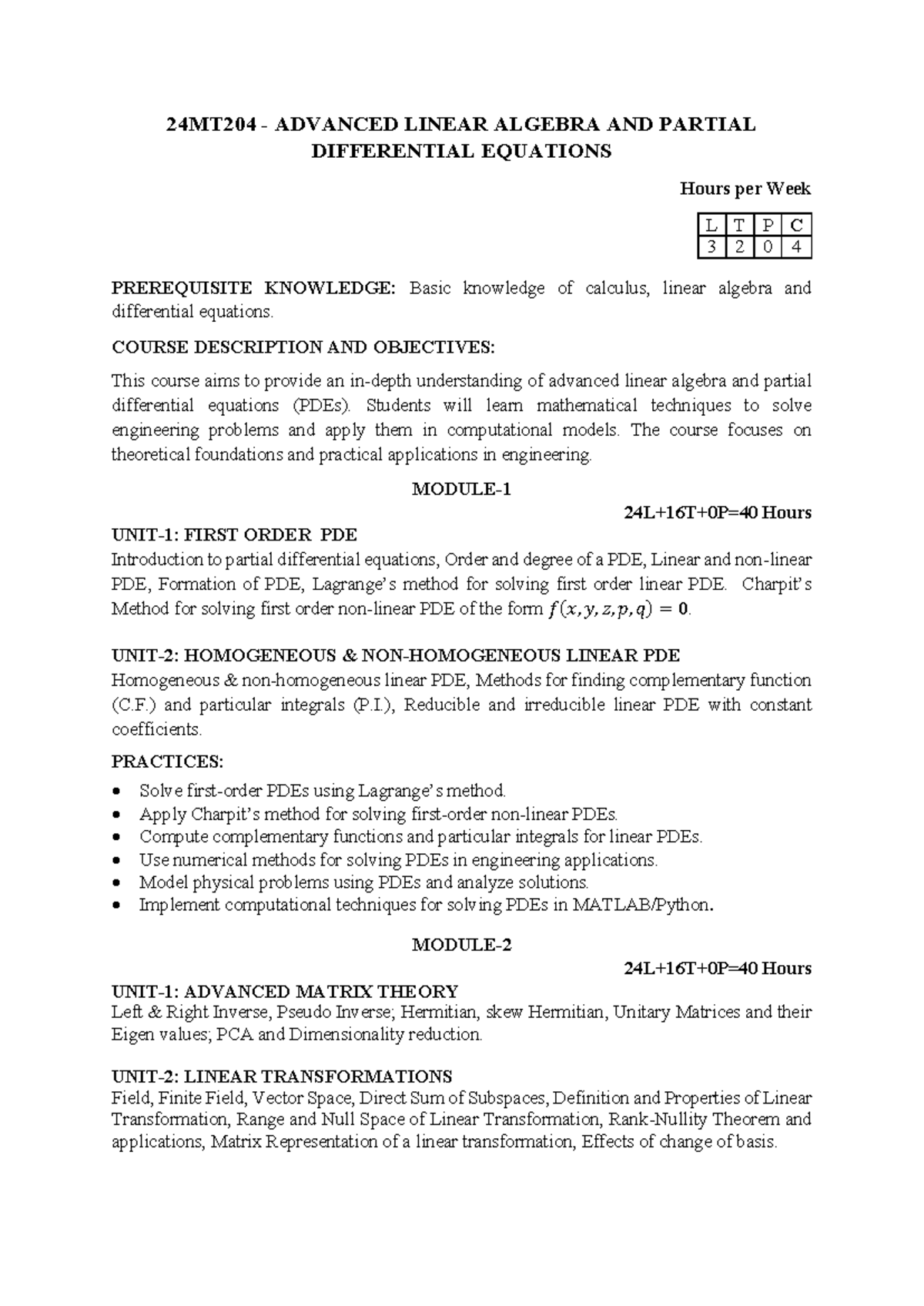 24MT204 ADVANCED LINEAR ALGEBRA & PDEs: Course Overview & Practices ...