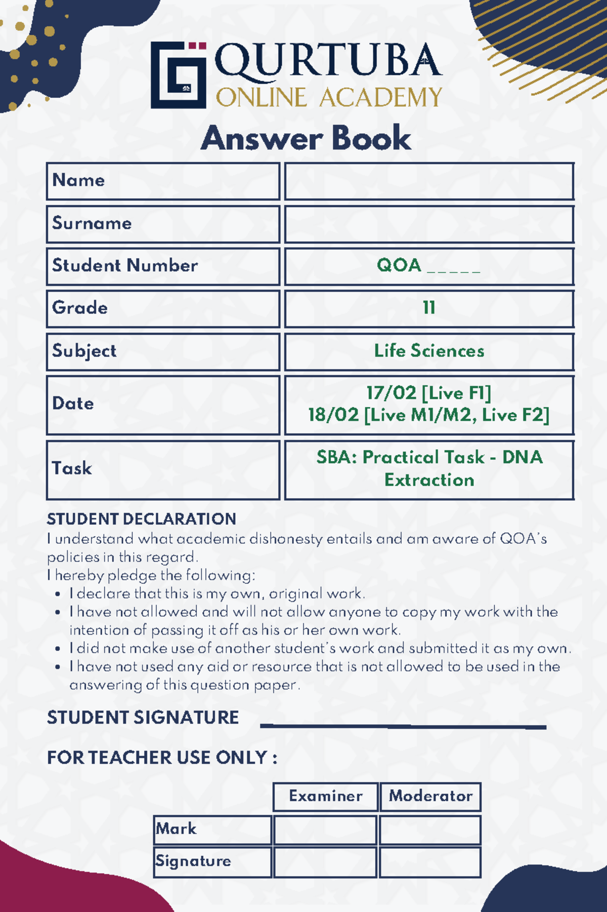 SBA - Term 1 Answer Booklet - Name Surname Student Number QOA ...