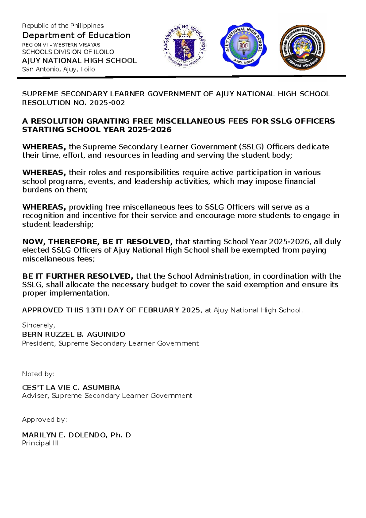 Resolution No. 2025-002: Free Miscellaneous Fees for SSLG Officers ...