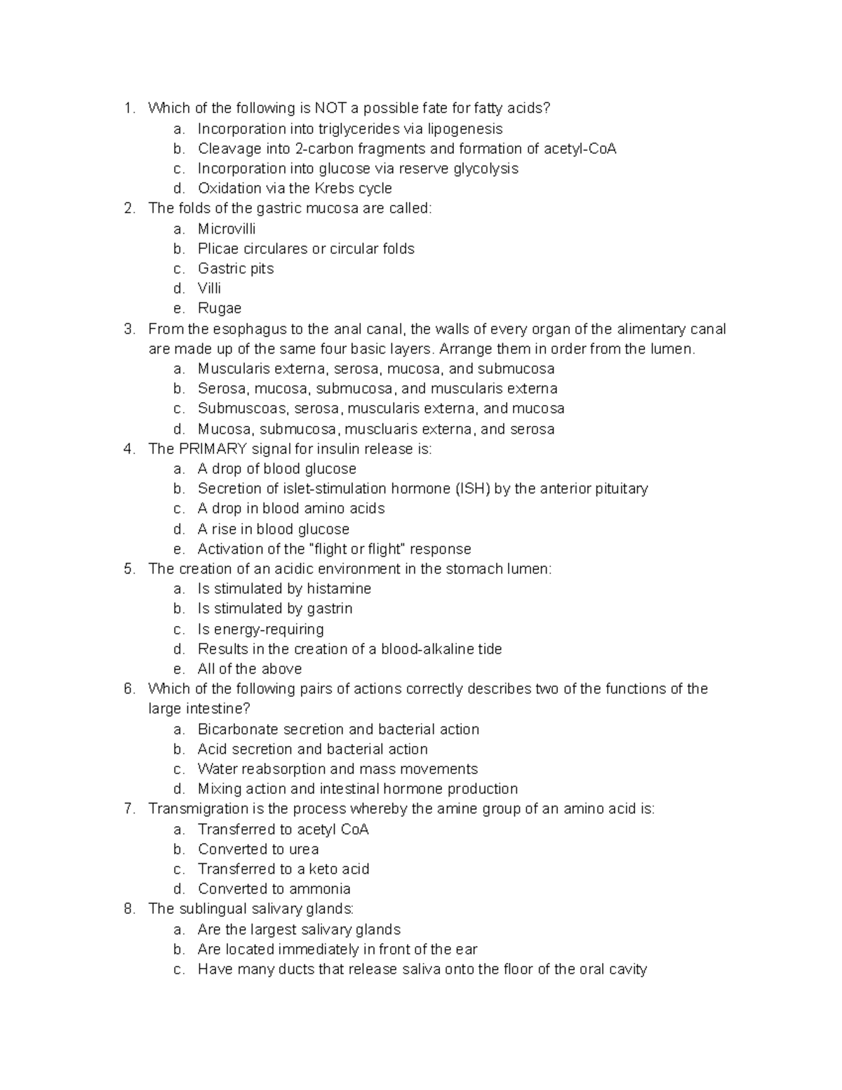 Midterm 1 - Practice Test on Fatty Acids and Digestion - Studocu