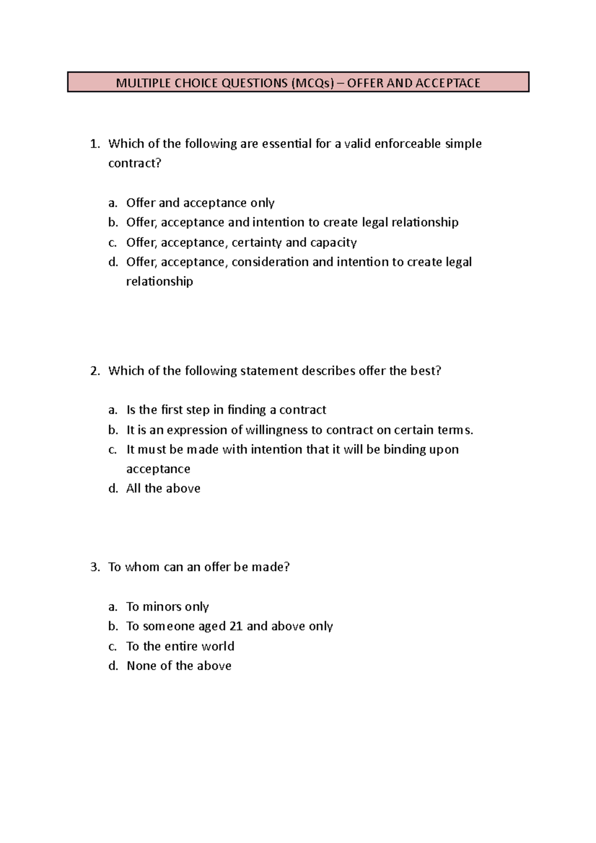 MCQs on Offer and Acceptance - Law 101 Examination Preparation - Studocu