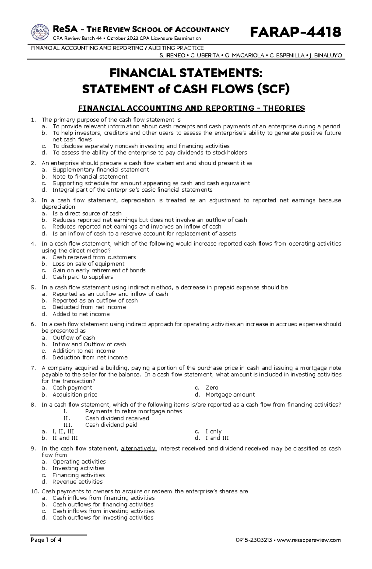 ReSA CPA Review Batch 44: Statement of Cash Flows Analysis - Studocu