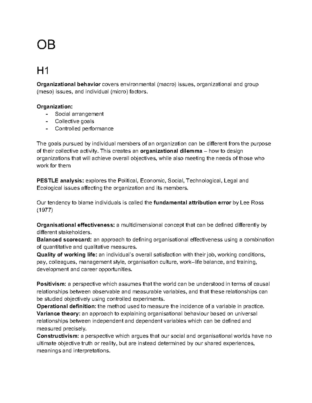 OB H1 Midterm Summary: Key Concepts in Organizational Behavior ...