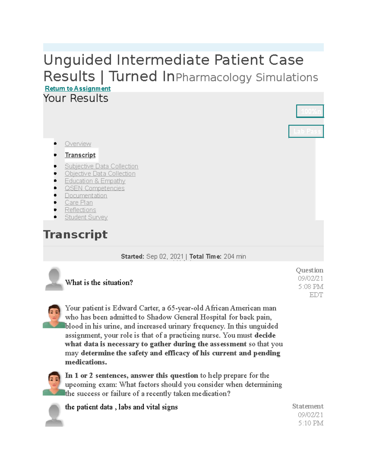 Unguided Intermediate Patient Case Results for PHAR-101 Final Exam - Document Preview