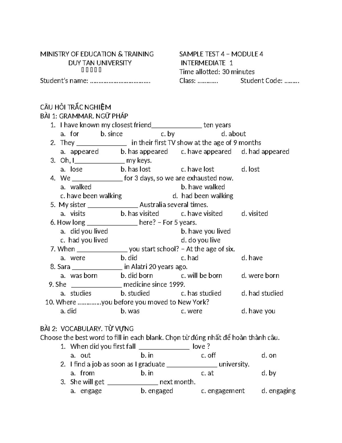 SAMPLE TEST 4 - MODULE 4 - INTERMEDIATE 1 (CÂU BÀI, NGỮ PHÁP, TỪ VỰNG ...