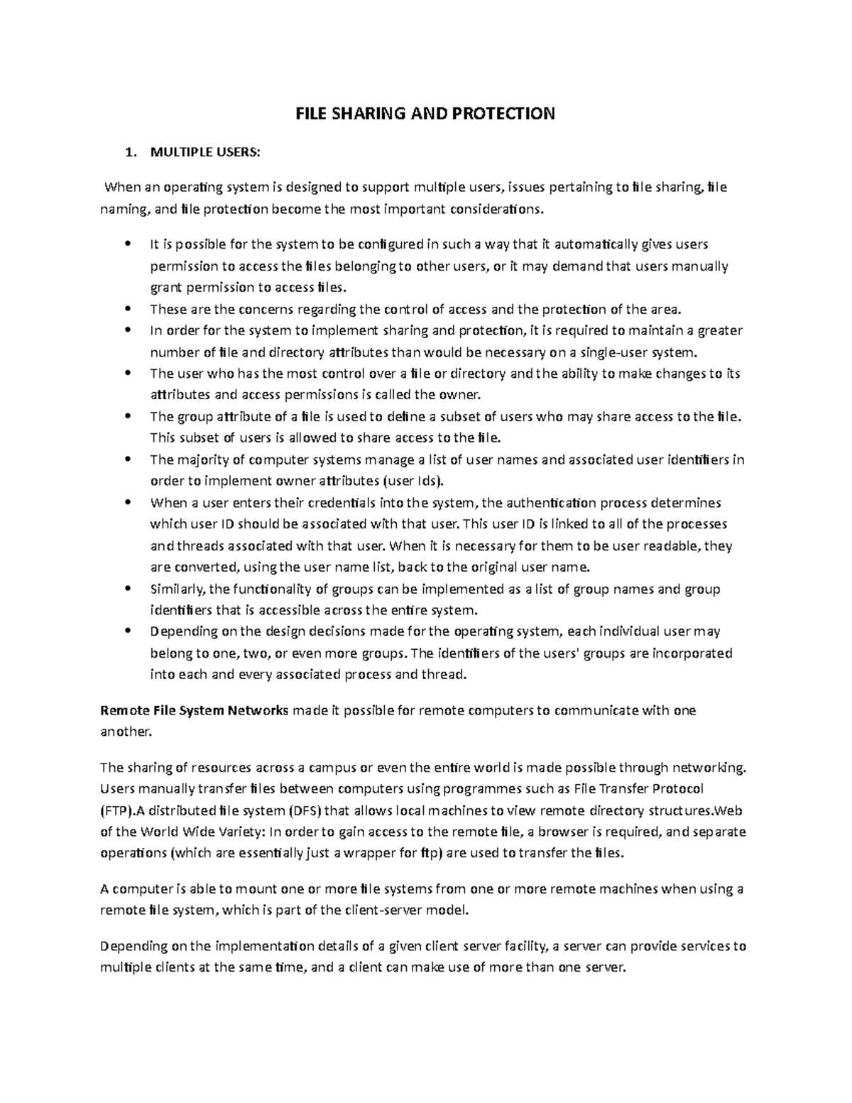 FILE Sharing & Protection: Issues in Multi-User Systems and Networking ...