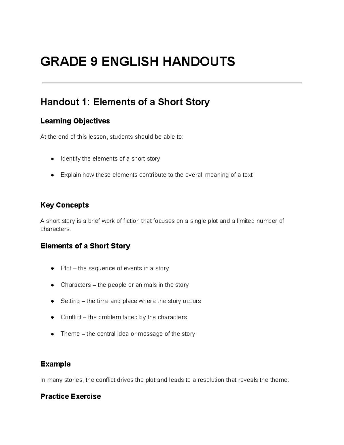 GRADE 9 ENGLISH HANDOUTS: Elements of Short Stories & More - Studocu